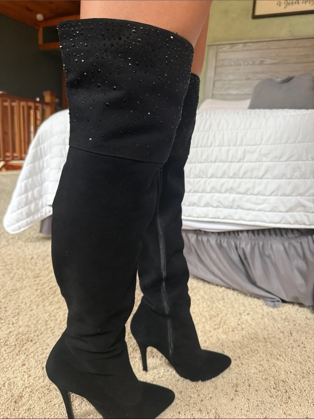 ABS Allen Schwartz Black Over-the-Knee Stiletto Boots with Sparkle Cuff